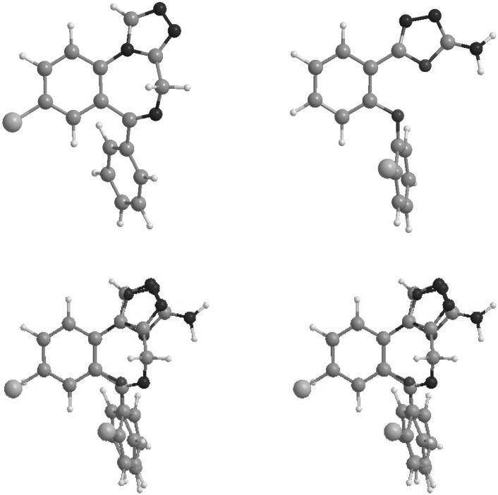 Stereoview of the superimposition of the energy minima conformers of estazolam (top left) and compound 6 (top right).