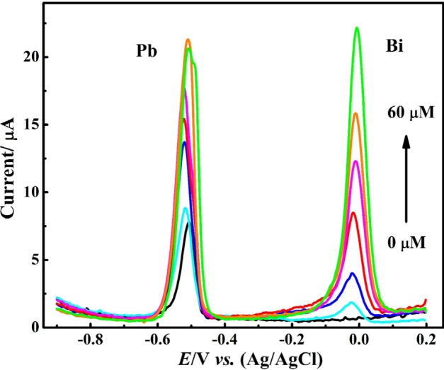 DPASVs of Pb2+ (1 μM) in presence of various concentration of Bi3+ in HNO (0.1 M) at CNT/CPE, E = -0.9 V, t = 60 s