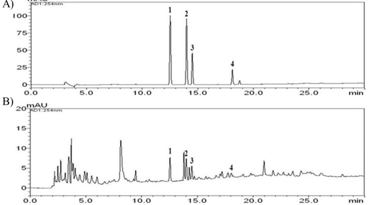 HPLC chromatographs of the standard sample (A) and the standardized Dendrobium nobile Lindl aqueous extract (B) measured at a wavelength of 254 nm. The numbers indicate each phenolic acid: 1) 4-hydroxybenzoic acid, 2) vanillic acid, 3) syringic acid, 4) ferulic acid