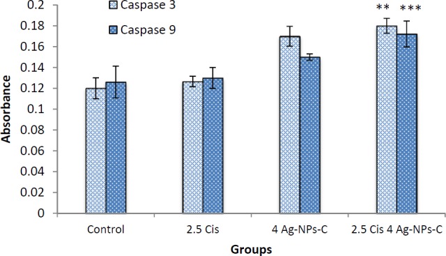 The activity of caspases -3/9 was increased after treatment, which indicates that apoptosis is significant (p > 0.05), Data are presented as mean ± SD