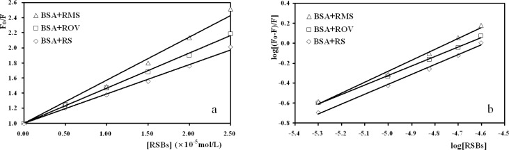 Stern-Volmer plots (a) and Double logarithm plots (b) for the interaction of RSBs with BSA ([RSBs] = 0.00, 0.50, 1.00, 1.50, 2.00, 2.50   10-5 mol/L, [BSA] = 1.00   10-5 mol/L, T = 290 K).