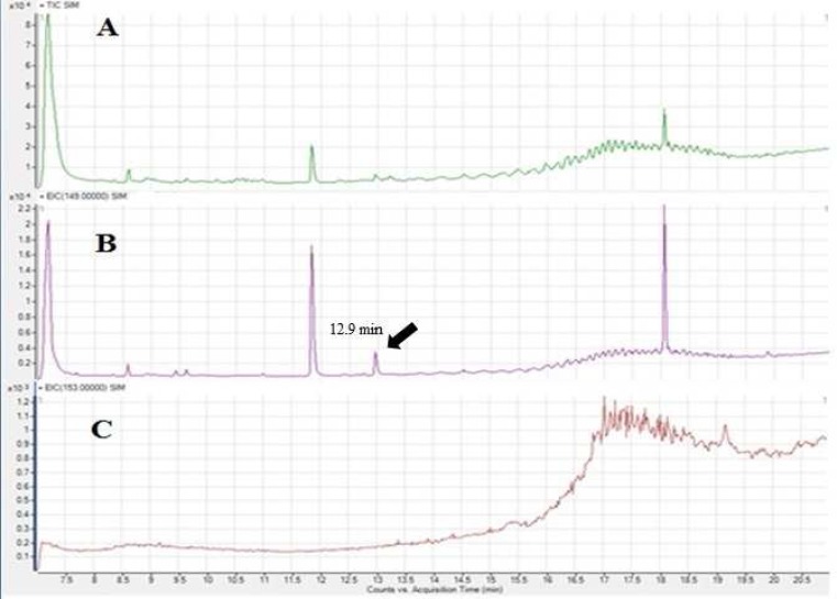 Total ion chromatogram for hexane(A), extracted ion chromatogram for m/z 149 representing DBP (B) and extracted ion chromatogram for m/z 153 representing DBP-d4 (C).