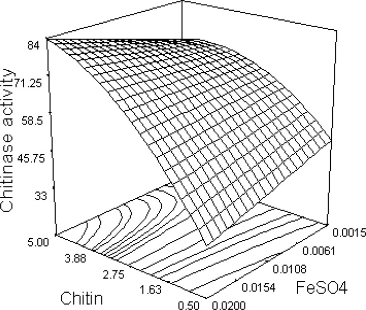 Response surface curve showing the effect of chitin and FeSO4 on chitinase production by B. pumilus
