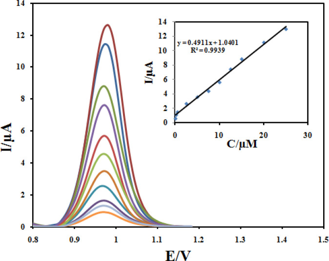 Differential pulse voltammograms of Fe3O4@PPy–CuII/CILE in B-R buffer containing different concentrations of CBZ in the ranges 0.05–25 μM. Inset: Plot of the peak current against concentration of CBZ