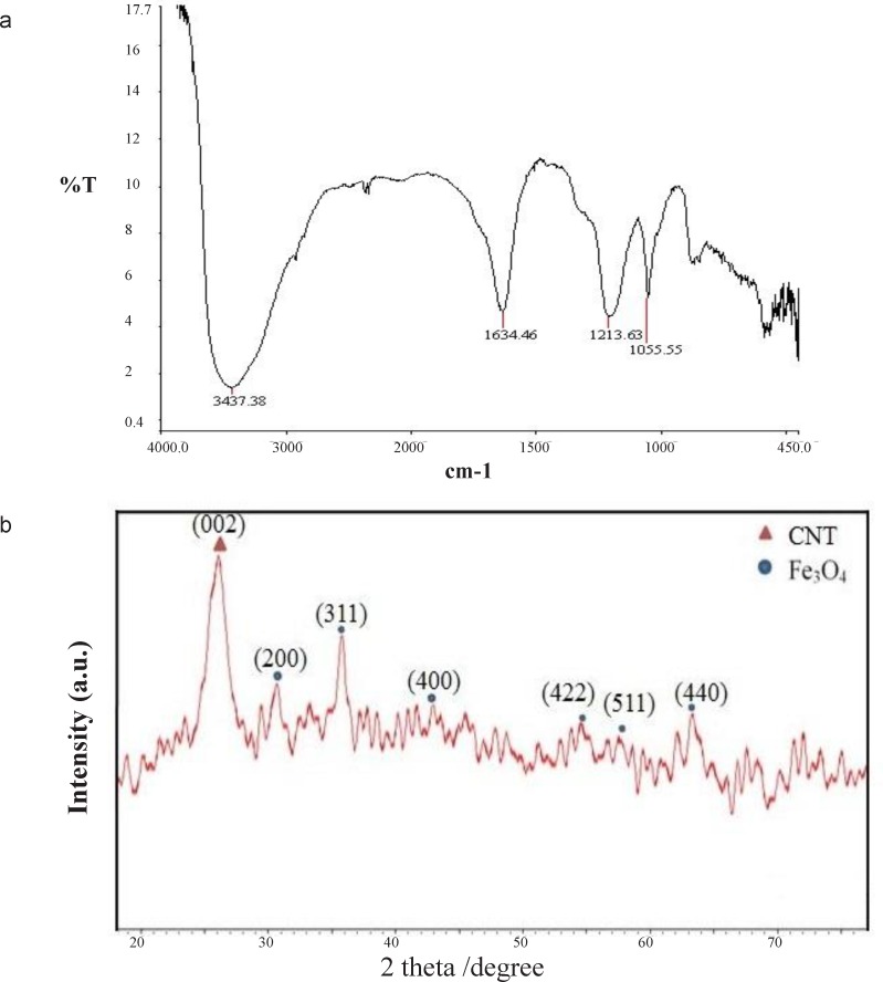 a) FTIR spectrum of c-SMWCNT, and (b) XRD patterns of c-SMWCNT@Fe3O4