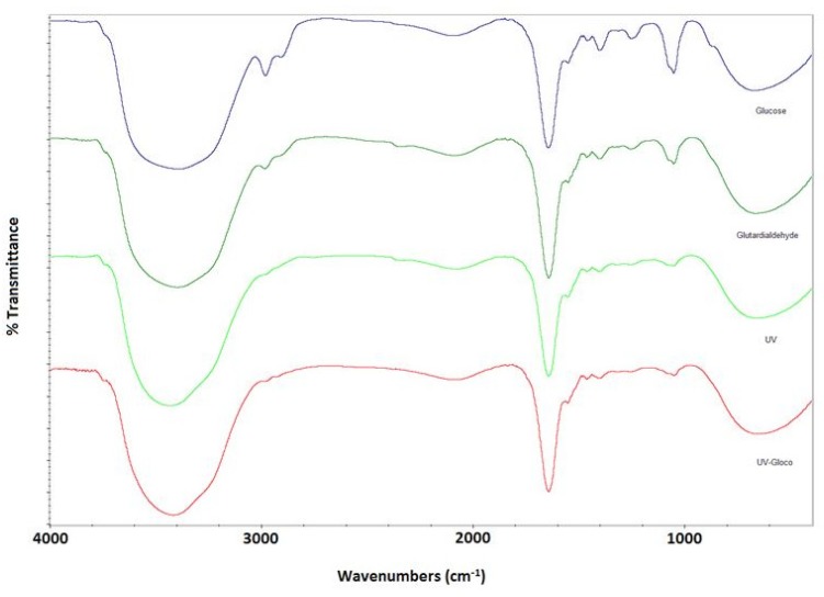 FTIR spectra for nanoparticles prepared with different crosslinking methods.
