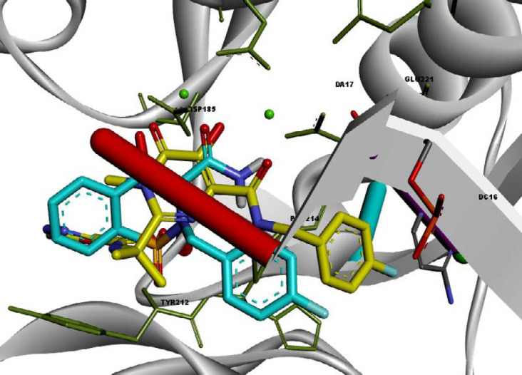 Superimposition of compound 13l (shown in blue) on raltegravir (shown in yellow) in the PFV IN active site