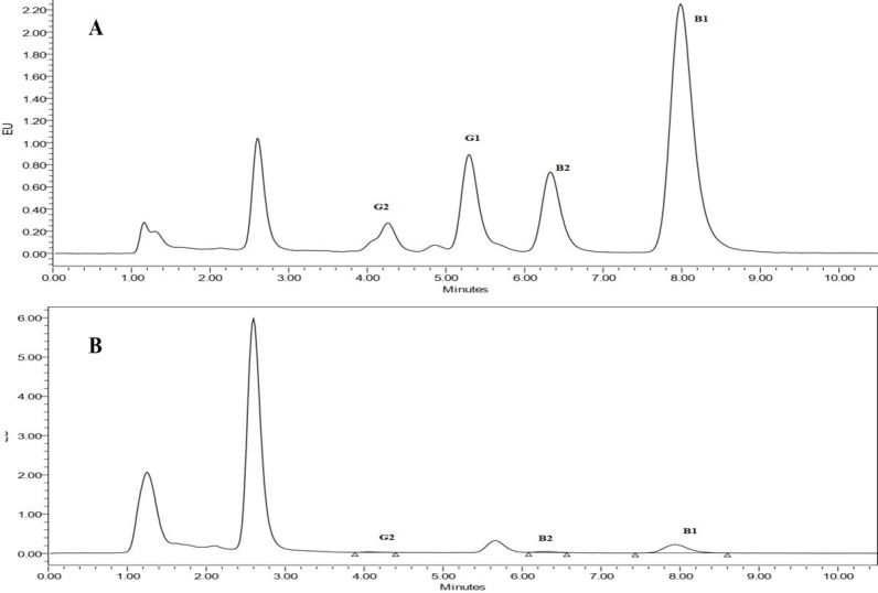 The chromatogram of cereal-based baby food sample obtained by HPLC-FLD. (A) spiked with 0.5 ng/mL aflatoxins B1 and G1 and 0.1 ng/mL aflatoxins B2 and G2 and (B) non-spiked samples