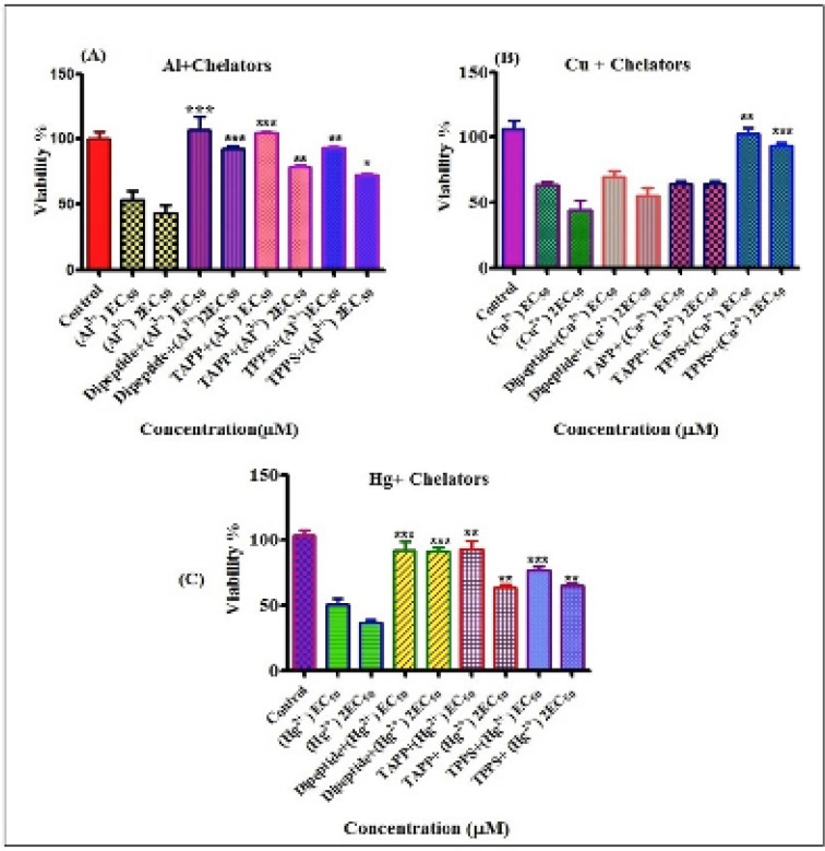 Compersion of protective effects of chelatorson cytotoxicity of toxicmetals.Protective effects of different chelators on cytotoxicity induced by EC50 and 2EC50of Al3+ (A), Cu2+ (B) and Hg2+ (C) on human lymphocytes.*P<0.05, **P<0.01 and ***P<0.001