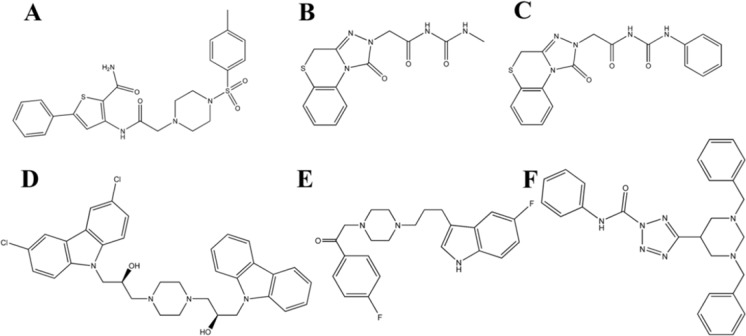 Lead molecules retrieved from the database searching as potent glucagon receptor antagonist. (A) Compound C38472 (B) compound C26319 (C) compound C26315 (D) compound C 19450 (E) compound C 39388 and, (F) compound C 24155