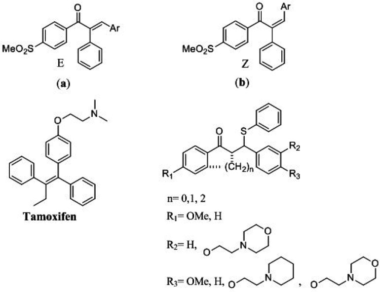 (a and b) Chalcones with cytotoxic effects and Tamoxifen as a lead compound and designed compounds