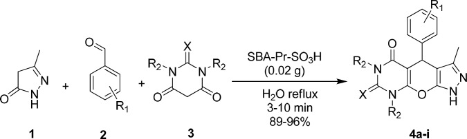 Synthesis of pyrazolopyranopyrimidine derivatives 4a-i in the presence of SBA-Pr-SO3H.