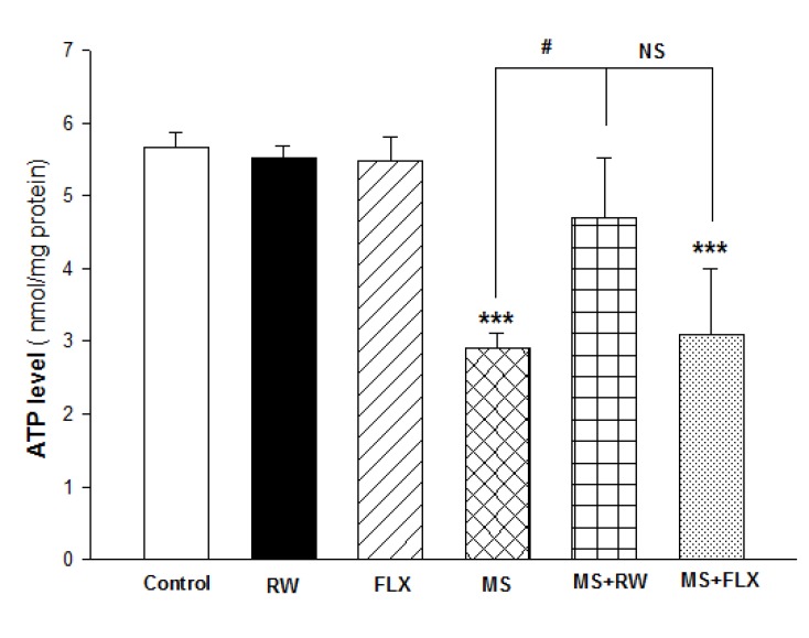 Effect of MS on ATP level in the hippocampus: Values are expressed as Mean ± S.D. and were analyzed using one-way ANOVA followed by tukey’s post hoc tests *** P < 0.001 compared with control group; # P < 0.05compared with MS group