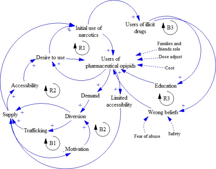 Causal loop diagram of pharmaceutical opioids abuses in addicted people
