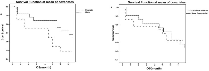  Survival curve in AML patients. A) Survival curve in AML patients according methylation shows that un-methylated patients have more survival in compare with methylated patients (P=0.043).