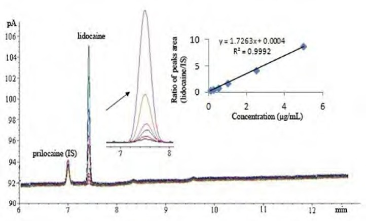 GC Chromatograms of standard solutions of lidocaine HCl and IS