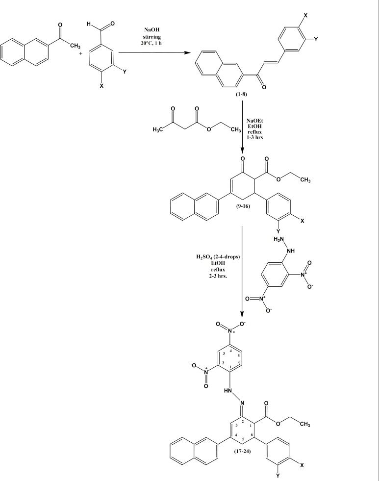 Synthesis of ethyl 4-(naphthalen-2-yl)-2-oxo-6-phenylcyclohex-3-enecarboxylates and (2E)-ethyl 2- (2-(2,4-dinitrophenyl)hydrazono)-4-(naphthalen-2yl)-6-arylcyclohex-3-enecarboxylates