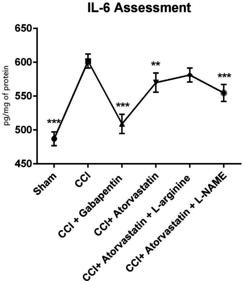 Effects of atorvastatin administration on CCI-induced rise in IL-6 level in the spinal nerve on fourteen days (n = eight rats per each group). *P < 0.05, **P < 0.01, ***P < 0.001 vs. CCI
