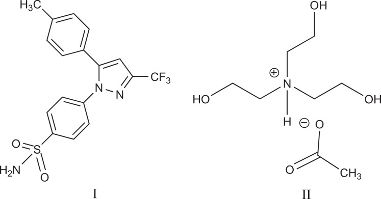 Structure of celecoxib (I) and tris-(2-hydroxyethyl)ammonium acetate (II)