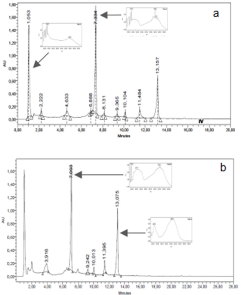 HPLC chromatographic profiles of methanol extracts of H. radiatum (HRME): a and G. megapotamica (GMME): b