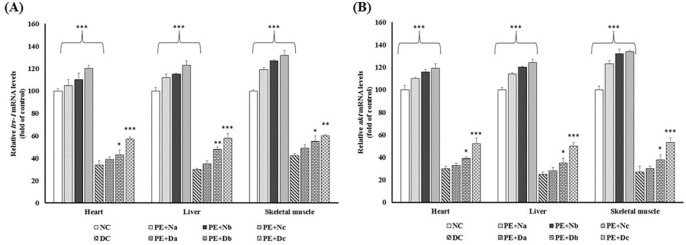 Real-time PCR of the mRNA expression levels of (A) IRS-1 and (B) Akt, in the non-diabetic control group (NC, n = 12), non- diabetic group (a, b and c) treated with PE (PE + N, n = 12), diabetic control group (DC, n = 12), and diabetic group (a, b and c) treated with PE (PE+D, n = 12). Value ratios are expressed as a percentage relative to DC rats. 18s RNA was used as an internal control (n = 3). The mean of six independent experiments is shown. *Significantly different from DC group