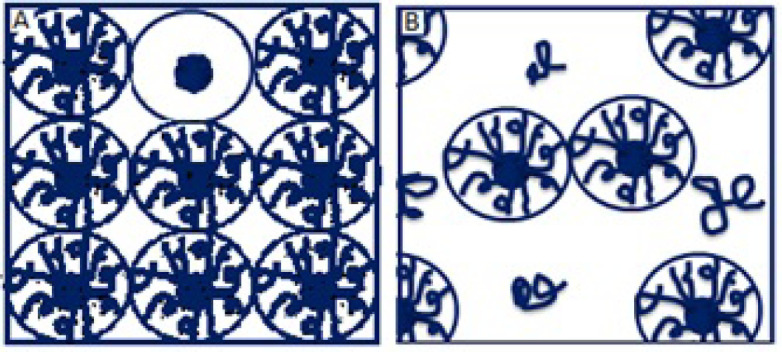 Schematic representation of PF-127 phenomena phases: A) shows the lattice or block phenomenon which prevents the release of the active and B) shows the micelle formation phenomenon