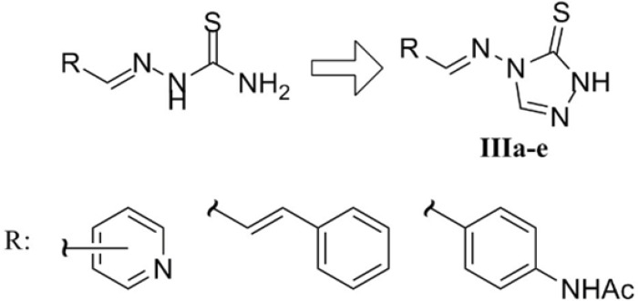 Schiff bases IIIa-e as cyclic analogues of previously reported bioactive thiosemicarbazone derivatives of pyridine-3-carboxaldehyde (26), cinnamaldehyde (27) and 4-acetaimdobenzaldehyde known as thiacetazone (28).