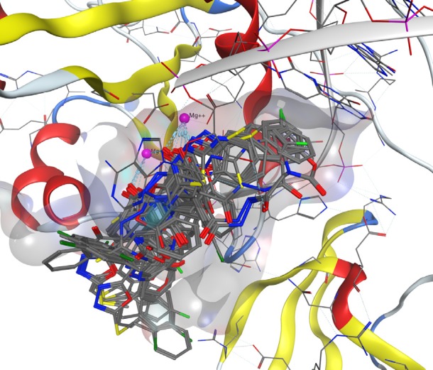 Superimposition of best docked pose of all compounds in HIV integrase active site
