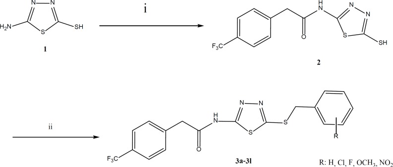 Synthetic procedure of compounds 3a-3l, Reagents and conditions i) 4-Trifluoromethylphenylacetic acid, EDC, HOBt, CH3CN, rt, 24 h, ii) Benzyl chloride derivatives, KOH, EtOH, reflux, 24 h