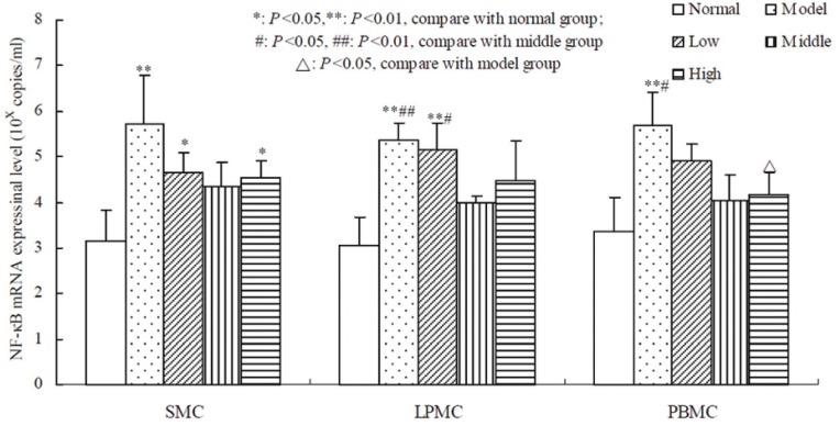 Comparison of NF-κB mRNA expressional level in SMC, LPMC and PBMC of normal group, model group and tetramethylpyrazine treated group (low dose, middle dose and high dose