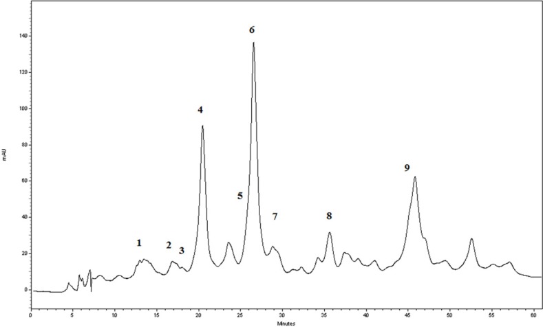 The RP-HPLC-DAD chromatogram of the G. glabra extract at 283 nm