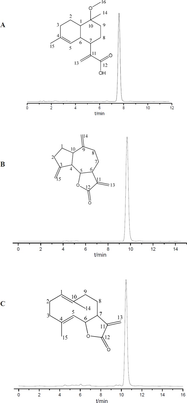 HPLC analyses and structures of the fractions obtained from Saussurea lappa roots by HSCCC. (A) 10-methoxy-artemisinic acid; (B) costunolide; (C) dehydrocostus lactone