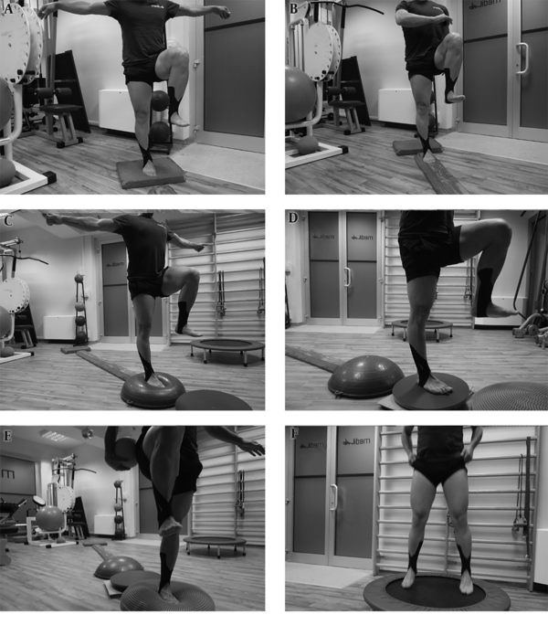 Proprioceptive exercise circuit’s 6 workstations: (A) unstable foam mat in static stance, (B) unstable foam mat guide in dynamic stance, (C) air cushion in static stance, (D) stiff unstable tridimensional plate, (E) air cushion in lower - limb static stance and with ball movement around the trunk, (F) elastic trampoline with jump and stop task.