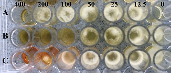 The level of Aspergillus flavus colonies in different concentrations of extracts of Withania somnifera (A) Capparis spinosa (B), Peganum harmala (C), and control