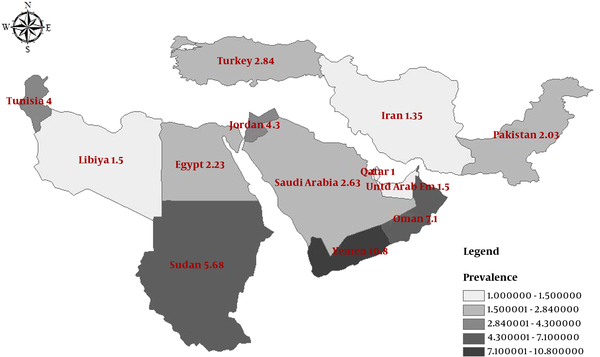 Geographical distribution of HBsAg prevalence in pregnant women of EMRO and Middle East countries using available data