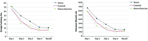 The effect of exercise on learning and memory following stress intervention. A, Average escape latency; B, average distance traveled.
