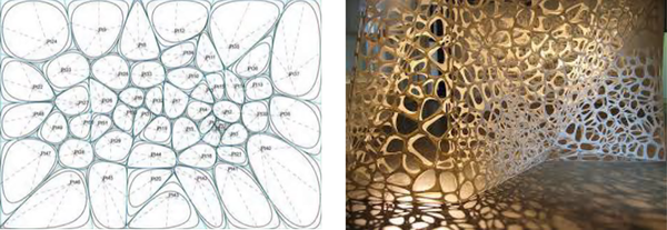 Left, Voronoi model with a soft borderline; right, C Wall, 2004.