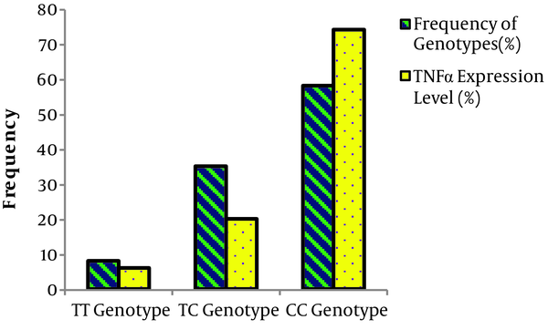 Comparison of miRNA196a gene polymorphism genotypes with the expression of the TNF-α gene