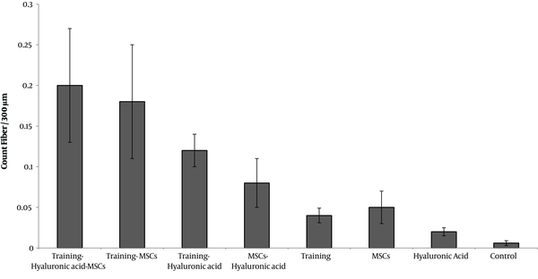 The comparison of quadriceps muscle fiber count in the different groups of the present study. Data are presented as mean ± SD. The rats are six in each group.