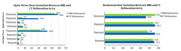Calculated dose (Gy) to be delivered to the optic nerve and the brainstem based on the CT and MRI delineations