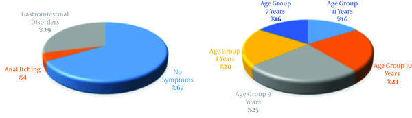 The left-pie chart shows the percentage of different reported symptoms, and the right pie chart is about the scattering of the project population