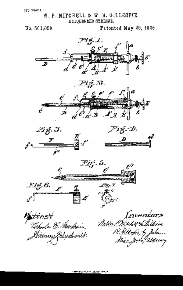 Hypodermic needle: patent drawing of the device designed by Mitchell and Gillespie, 1896.