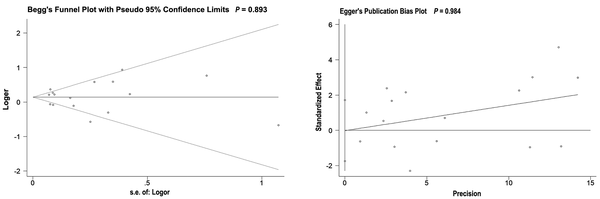 Funnel plot of publication bias testing results (10 included papers including 16 studies of different hepatitis B seromarkers: HBsAg (5), Anti-HBs (3), Anti-HBc (3) and Mixed (5)).