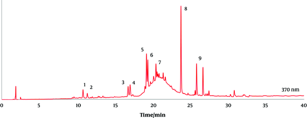 The LC-DAD profile at 370 nm of an ethanol extract of creta trefoil (L. creticus) leaves. Assignments; 1, quercetin-O-dihexoside; 2, quercetin-O-dihexoside; 3, myricetin-O-hexoside; 4, yricetin-O-hexoside; 5, quercetin-O-hexoside; 6, quercetin-O-hexoside; 7, isorhamnetin-O-hexoside; 8, quercetin; 9, isorhamnetin (see Table 3).