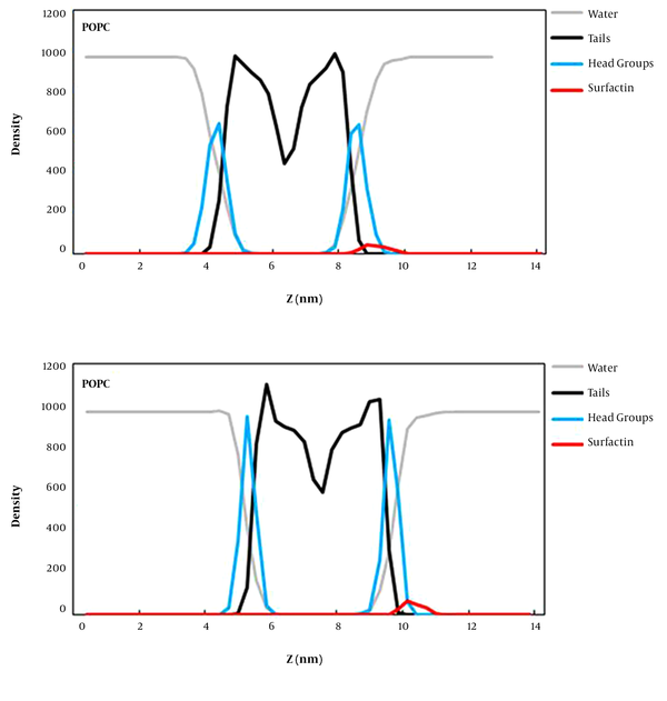 The density profiles for surfactin, water, lipid tails, and lipid head groups along the z-axis of the simulation box.