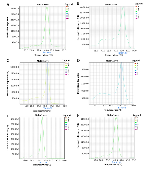 Melting curves of the genes assessed by Real-time PCR (miR-34c-5p (A), Fgf-2 (B), Casp-3 (C), Thy-1 (D), U6 (E), Gapdh (F)).