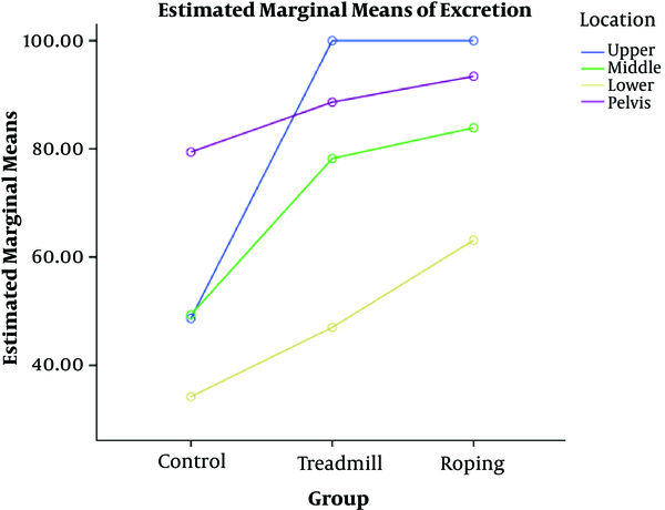 The comparison of excretion of mass-like kidney stones in different locations in the studied groups