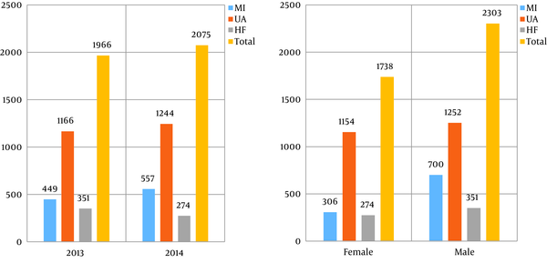 Frequency distribution of patients by gender, year of referral, and diagnosis (Abbreviation: MI, myocardial infarction; UA, unstable angina; HF, heart failure).