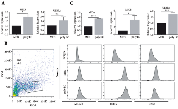 NKG2D ligands expression was increased in TLR3-induced senescent HSCs. HSCs were treated with poly I:C at indicated concentration. A, MICA and ULBP expression in LX2 cells were measured by qRT-PCR; B, The expression of MICA/B, ULBP and DcR2 in LX2 cells was analyzed by flow cytometry; C, MICA, MICB and ULBP expression in primary HSCs was measured by qRT-PCR. **, P < 0.01; ***, P < 0.001. ns, not significant.