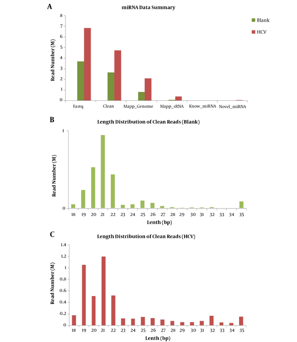 Summary of miRNA data and the length distribution diagram of clean sequences. A summary of miRNA data is shown in the above figure. The differences in reads came from sequencing miRNAs are exhibited including Fastq data, clean data, mapped genome data, mapped sRNA data, know miRNAs, and novel miRNAs between the two groups (HCV vs. blank control). The differences in length distribution came from sequencing miRNAs are exhibited only for clean sequences (HCV vs. blank control). (B) Blank; (C) HCV.